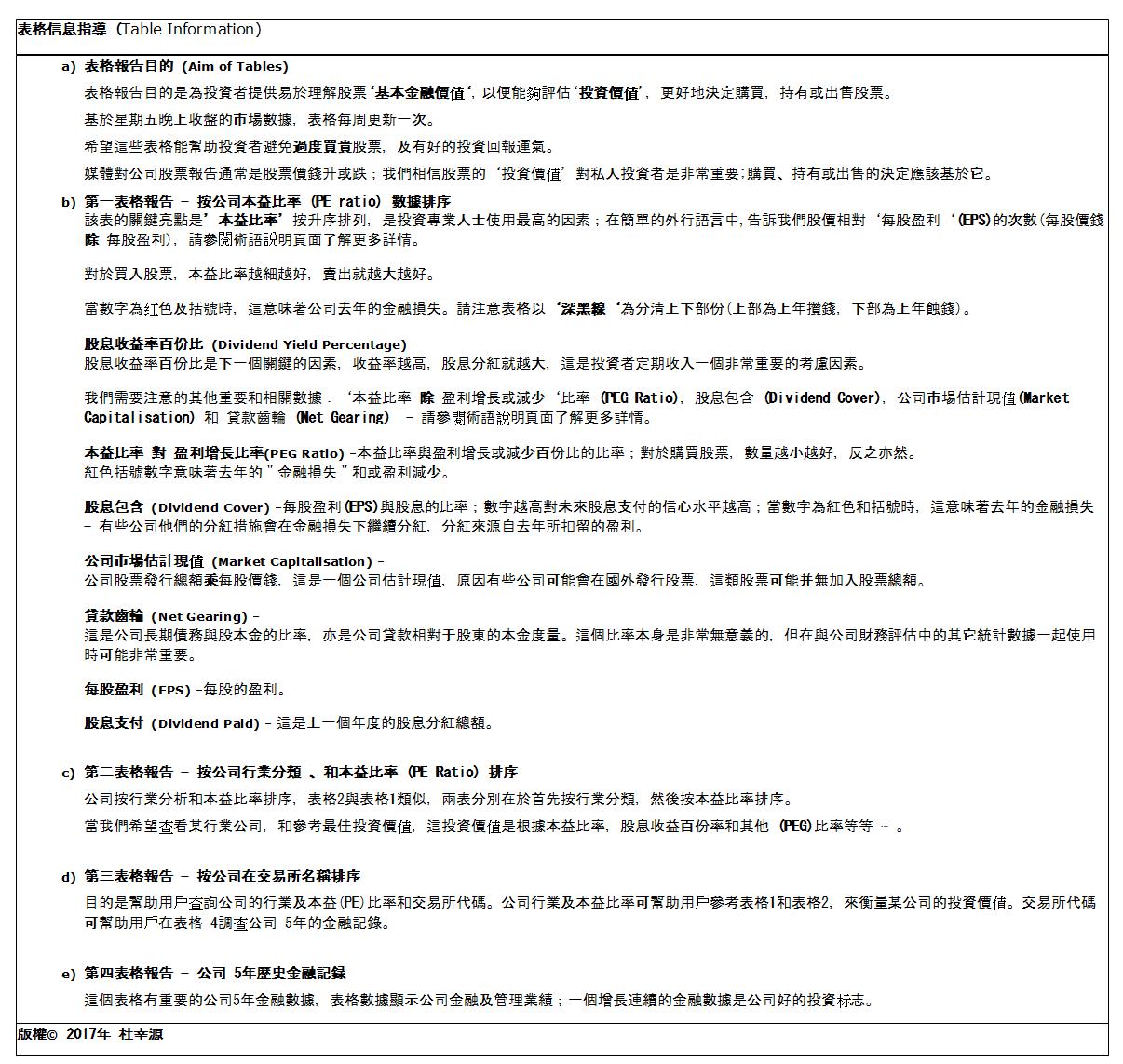 Table Information Guidance Notes - Chinese